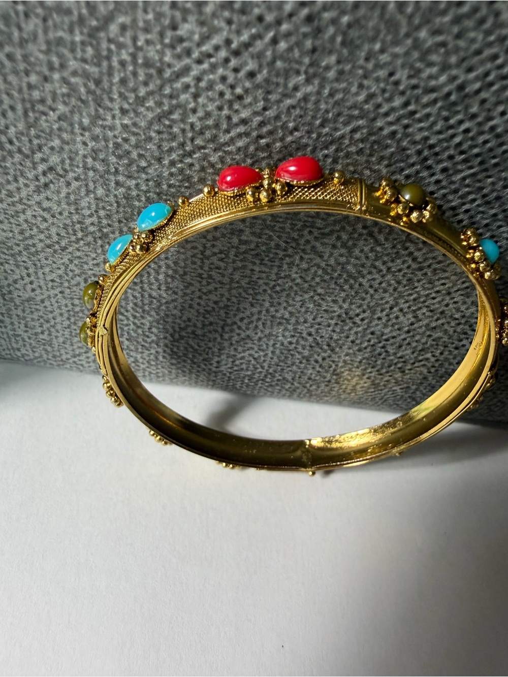 Gold Tone Multi-Stone Bangle Bracelet with Turquoise and Red Accents